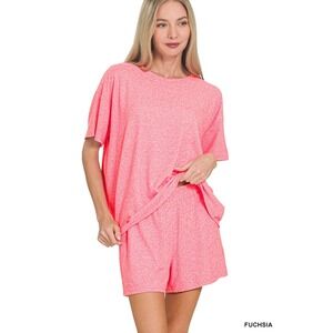 Zenana Soft Melange Short Sleeve Tee & Short Set Fuchsia Size Large